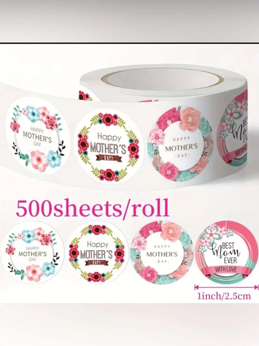 500 pcs/Roll • Mother's Day Gift Decoration Roll Stickers NIP